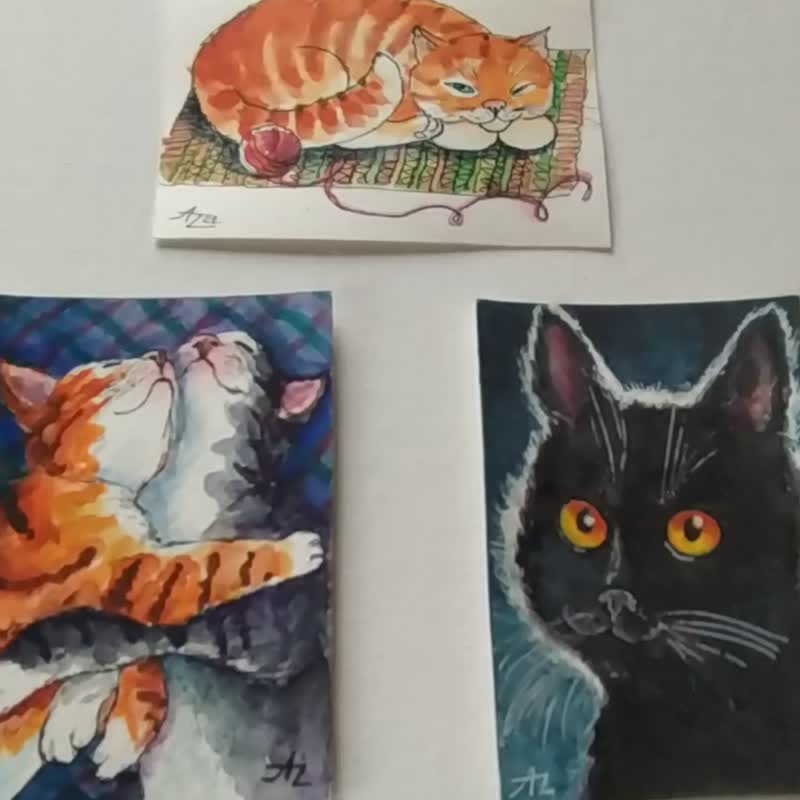 Cat Painting Animal Original Art ACEO Set Three Watercolor Pet Small Art Card - โปสเตอร์ - กระดาษ 
