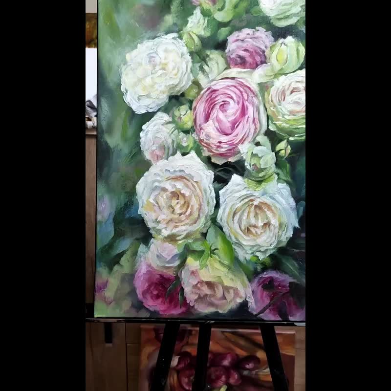 Roses Painting Floral Original Art Flower Painting Canvas Wall Art Oil Artwork - 海報/掛畫/掛布 - 棉．麻 多色