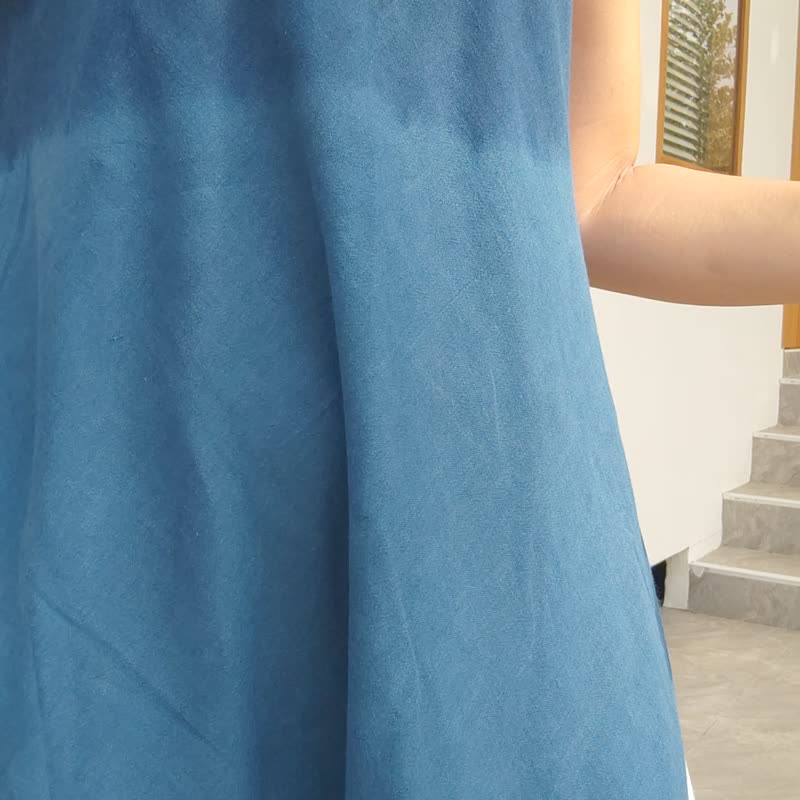 V Neck Summer Dress - 雙層紮染 3 色調連衣裙 - 洋裝/連身裙 - 棉．麻 藍色