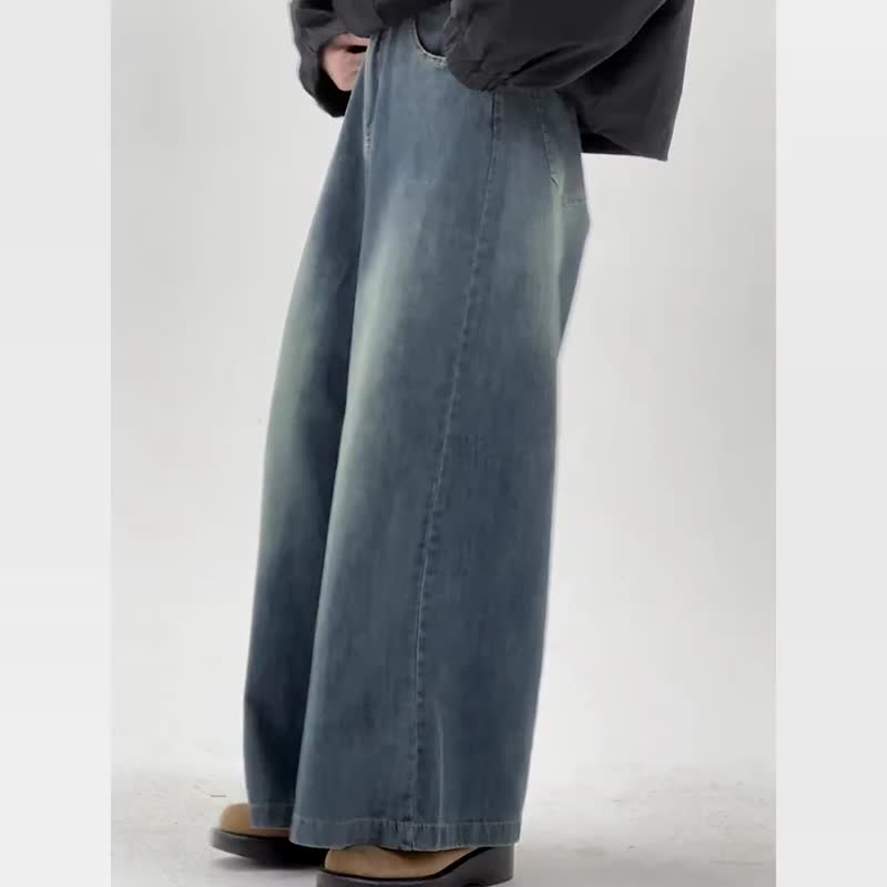 復古藍色 復古闊腿牛仔褲 高腰寬鬆垂感直筒長褲子 - 女長褲 - 棉．麻 藍色