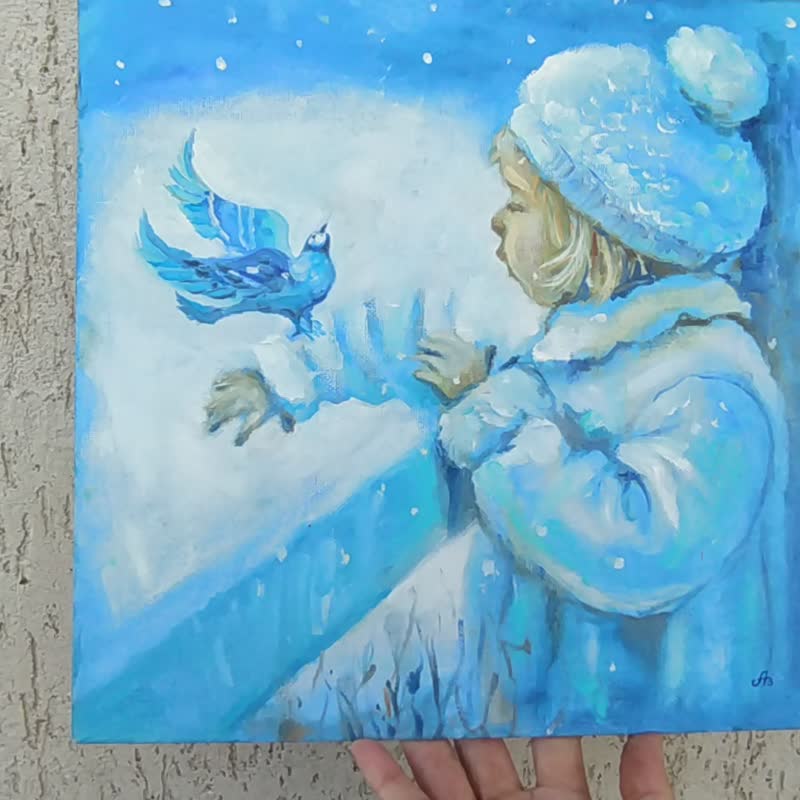Girl Painting Bird Original Art Canvas Winter Landscape Art  Blue Bird 30 by 30 - 海報/掛畫/掛布 - 其他材質 藍色