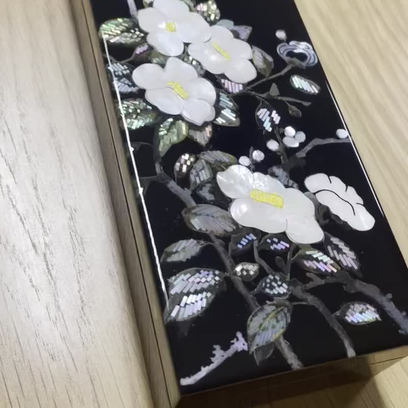 Camellia and Plum Blossom, Mother-of-Pearl Craft Box, Black - Pencil Cases - Wood Black