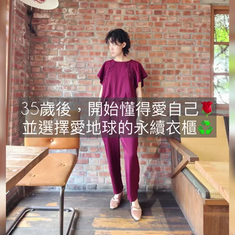 古典酒紅連身褲【日本古著】永續是最奢華的精品 - 吊帶褲/連身褲 - 聚酯纖維 紅色