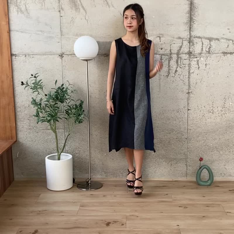 Natural Linen Midi Dress - Multicolor Black/Blue/Grey - 洋裝/連身裙 - 亞麻 多色