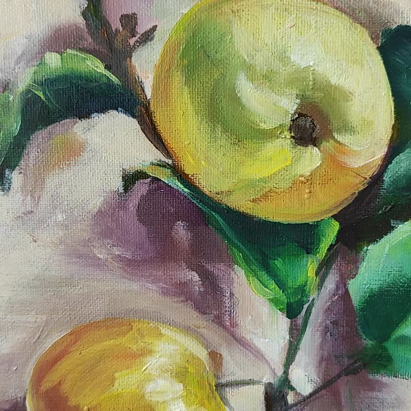 Apple Art Fruit Oil Painting Yellow Apple Artwok Eat Art - ตกแต่งผนัง - วัสดุอีโค สีเหลือง