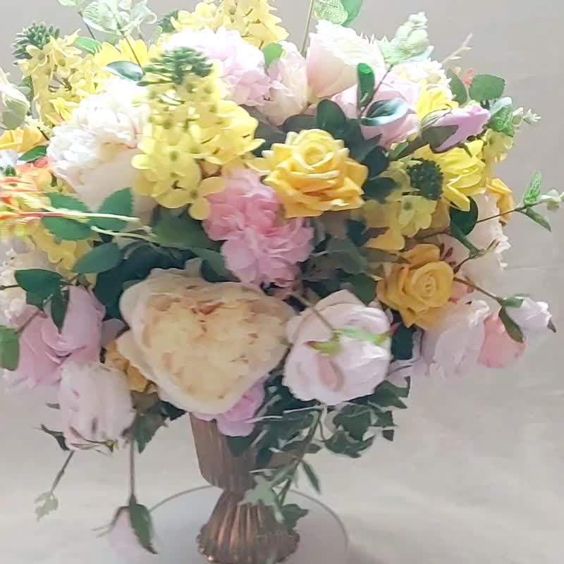 Large artificial flower arrangement in vase, Faux garden flowers