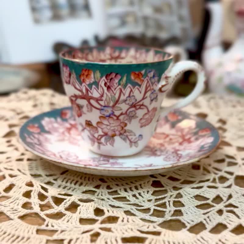 50366-絕美法國古董Sarreguemines Minton 218手繪咖啡杯碟組 - 咖啡杯/馬克杯 - 瓷 銀色