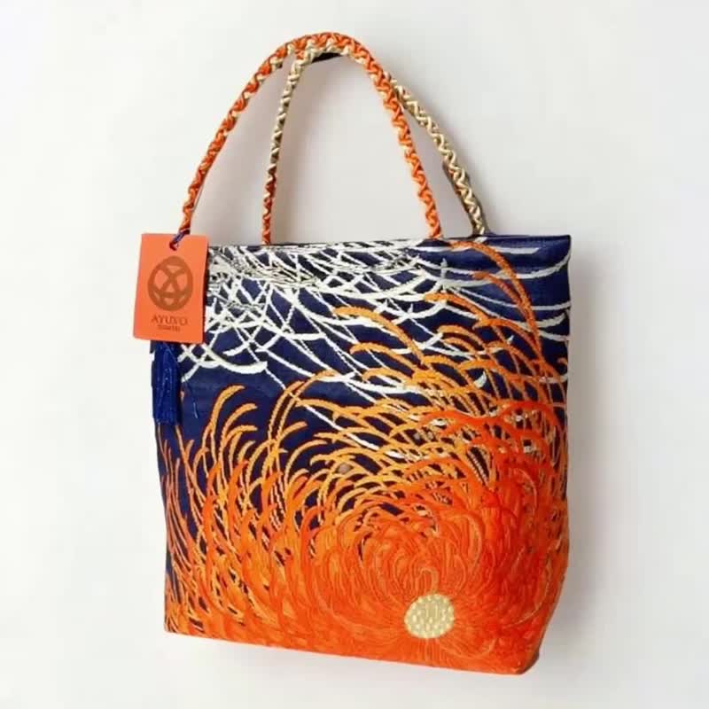 獨一無二真絲和服袋帶托特包, 日本手工刺繡升級改造包, 和風藝術 - 手提包/手提袋 - 絲．絹 藍色