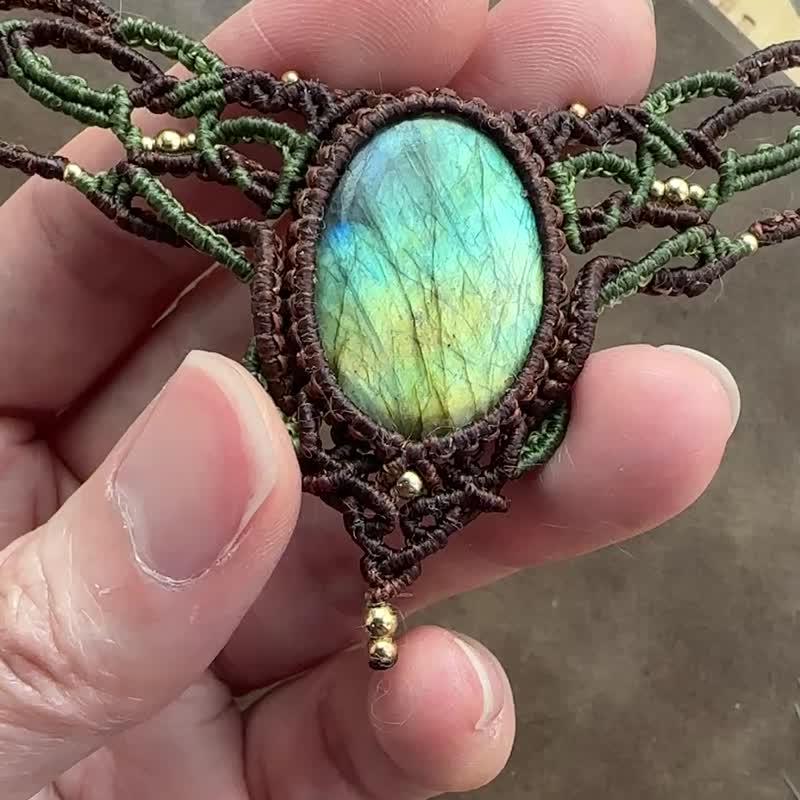 N1113 Ethnic style Wax wire braided labradorite Bronze bead necklace (adjustable length) - Necklaces - Gemstone Brown