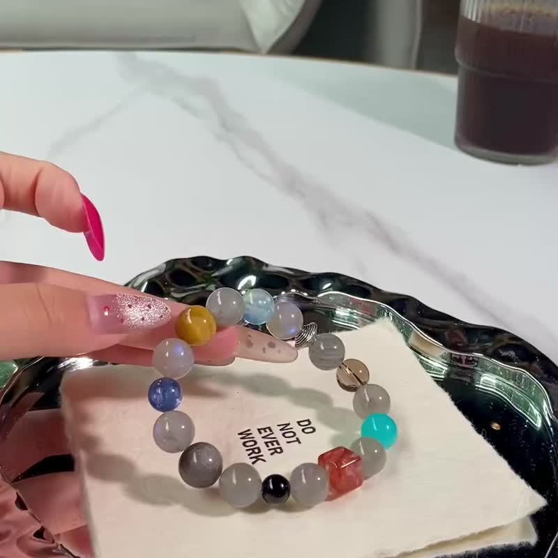 灰月光黑曜石藍晶石黃虎眼海藍寶銀耀石天河石茶水晶膠花水晶手鏈 - 手鍊/手鐲 - 玉石 