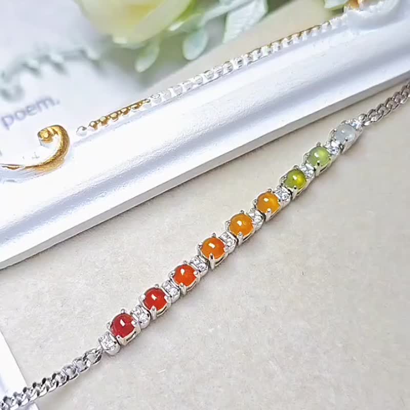 |幸運漸層彩虹|A貨翡翠冰玻多寶彩虹蛋3.3mm純銀鍍18k漸層手鏈 - 手鍊/手環 - 玉石 