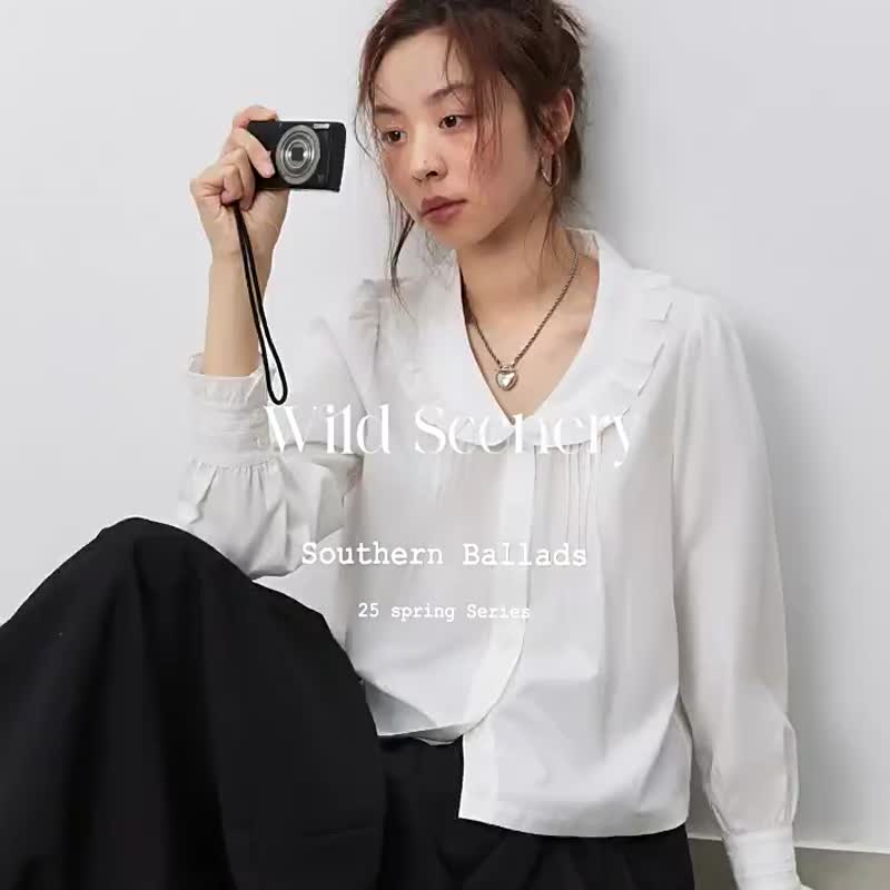 白色 留一片空白 法式文襯衫 娃娃領上衣 氣質通勤基礎款 - 女襯衫 - 棉．麻 白色