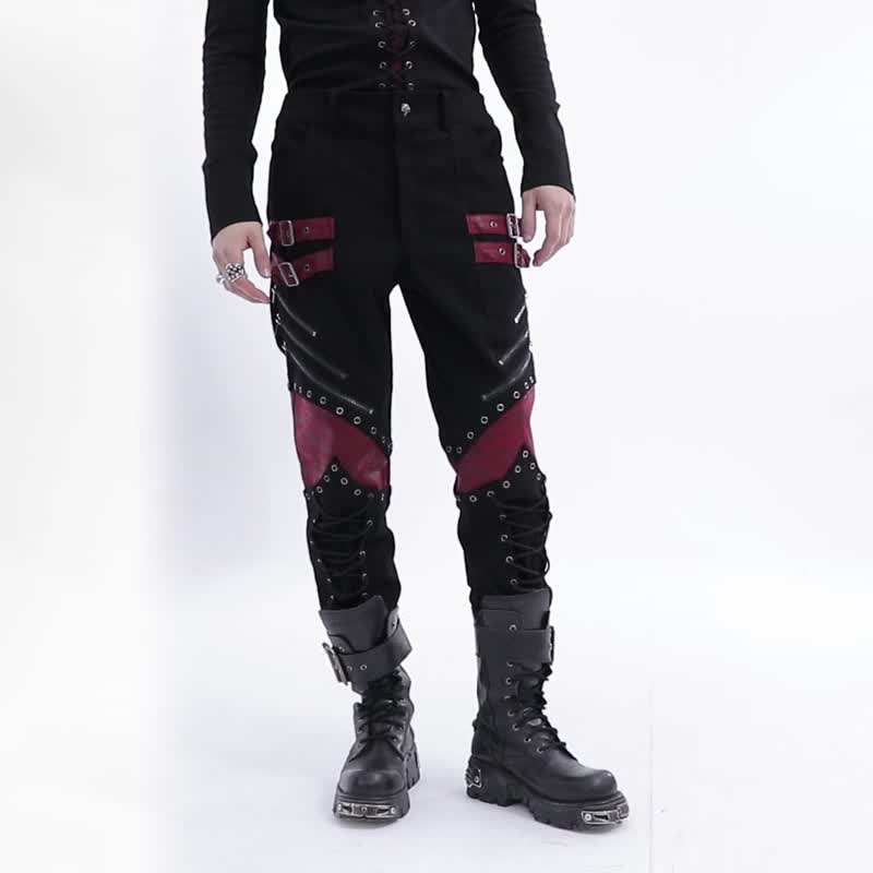 Punk Viking Distressed Metal Chain Trousers - Red/Black - กางเกงขายาว - วัสดุอื่นๆ สีดำ