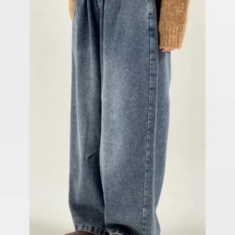 Blue Elastic Waist Distressed Jeans Loose Casual Straight Pants Unisex Wide Leg Wide Pants One Size - กางเกงขายาว - ผ้าฝ้าย/ผ้าลินิน สีน้ำเงิน