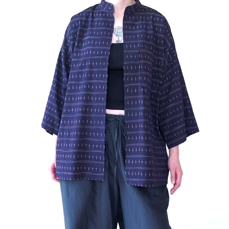 【日本製】perfect summer Kimono shirt, men's shirt, half sleeve Kimono shirt - Men's Shirts - Silk Blue