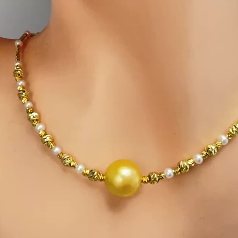 金色光芒 天然海水珍珠 菲律賓金珠 香檳金色 純銀 項鏈/毛衣鏈 - 項鍊 - 珍珠 金色