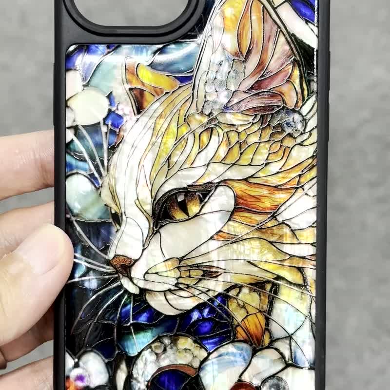 Cat Natural Shell iPhone 16 Impact Resistant Protective Case Stained Glass Style Customizable Name - เคส/ซองมือถือ - เปลือกหอย หลากหลายสี