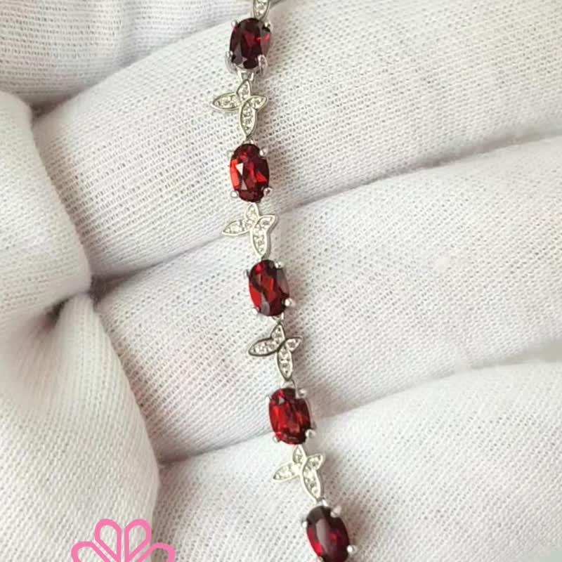 Natural Garnet Bracelet Sterling Silver 925 - 手鍊/手環 - 純銀 紅色
