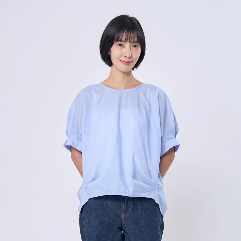Pamela花摺袖棉質立體打摺上衣 (2色) - 女上衣/長袖上衣 - 棉．麻 藍色