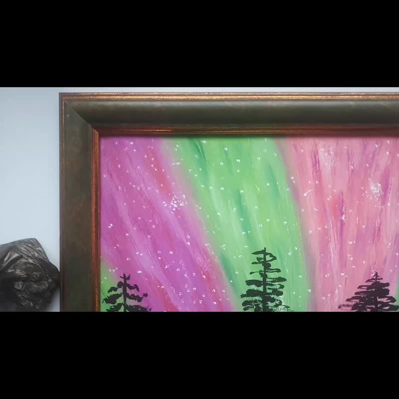 Aurora Borealis Nothern Lights Painting, Acrylic on Paper, Nothern Landscape - ตกแต่งผนัง - กระดาษ หลากหลายสี