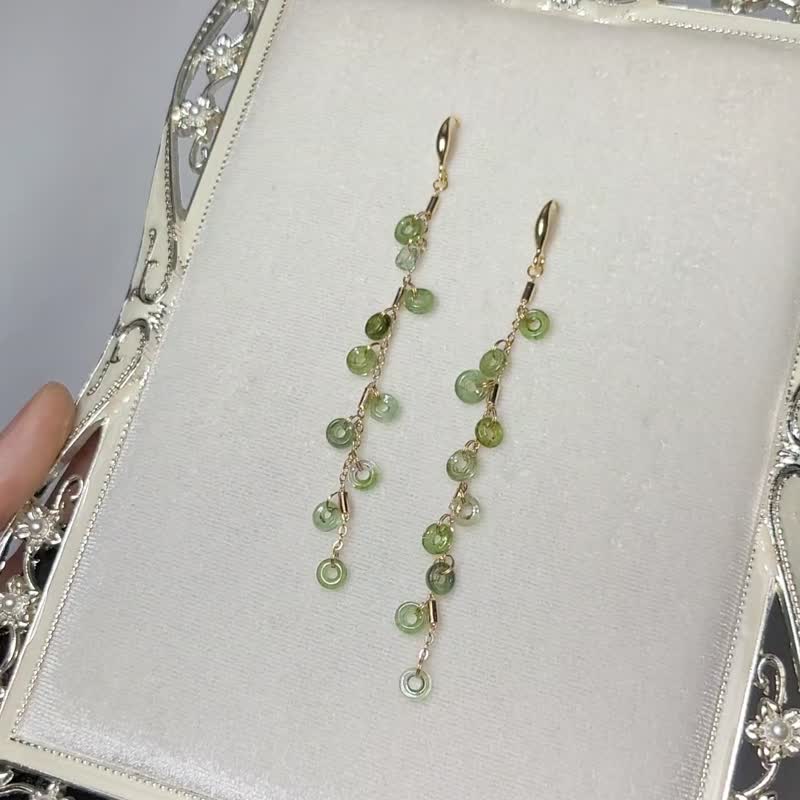 天然 綠碧璽 平安扣 古錢 錢串 十全十美 長流蘇 招財 耳環 單品 - 耳環/耳夾/耳骨夾 - 寶石 綠色