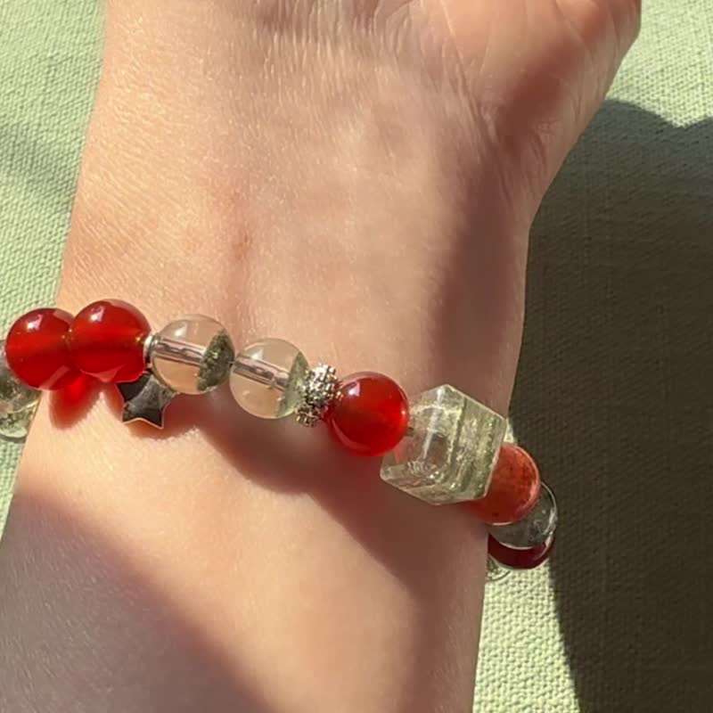 天然水晶 綠幽靈 紅瑪瑙 金太陽 925銀手鍊 獨立原創 聖誕禮物 - 手鍊/手環 - 水晶 