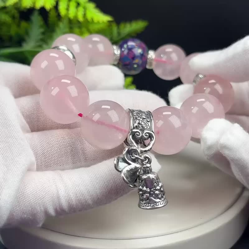 設計款粉晶手串20mm冰透閃片大顆粒玫瑰石英配大漆珠S999銀男女款 - 手鍊/手環 - 水晶 多色