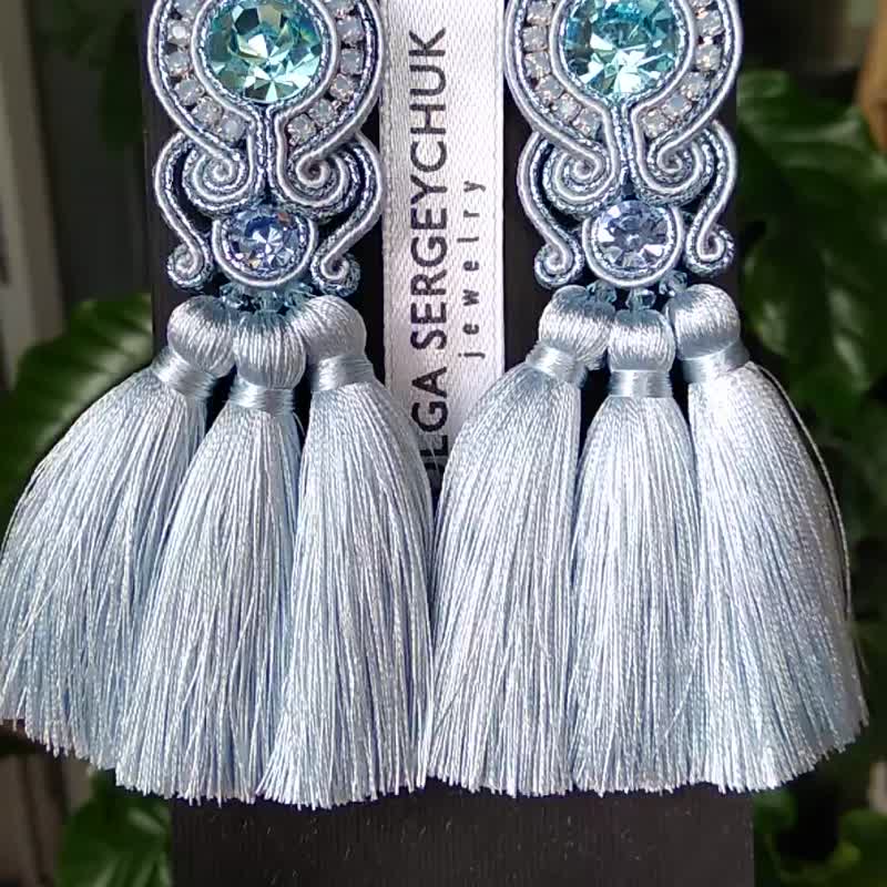 Earrings with tassels in light blue color - 耳環/耳夾/耳骨夾 - 其他材質 藍色