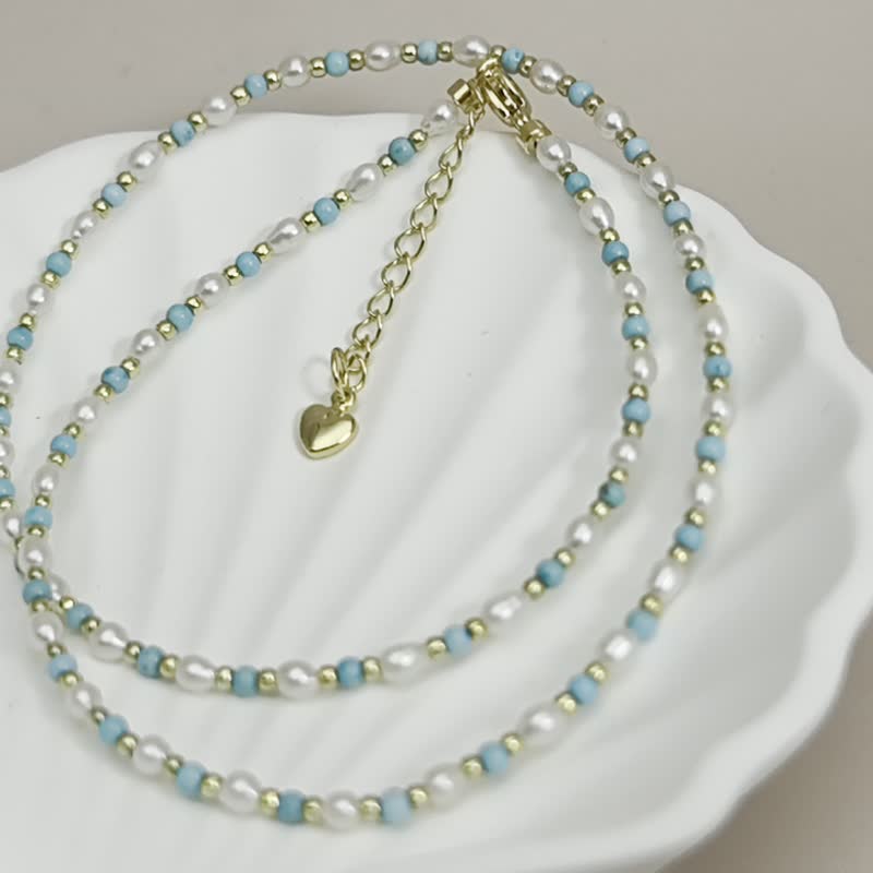 Small fresh natural freshwater pearl turquoise necklace - สร้อยคอ - ไข่มุก ขาว