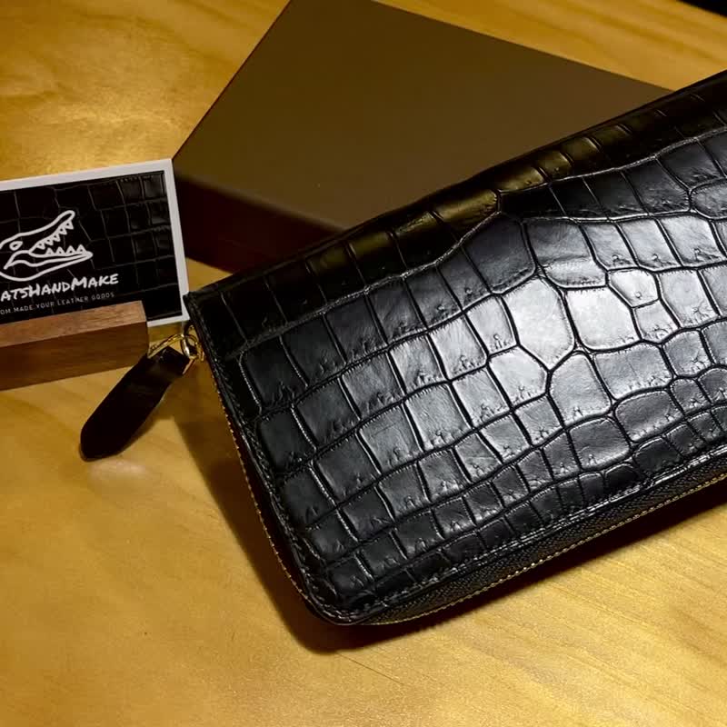 ブラックマットクロコダイルレザーの手作りペンシルロングウォレット - 財布 - 革 ブラック