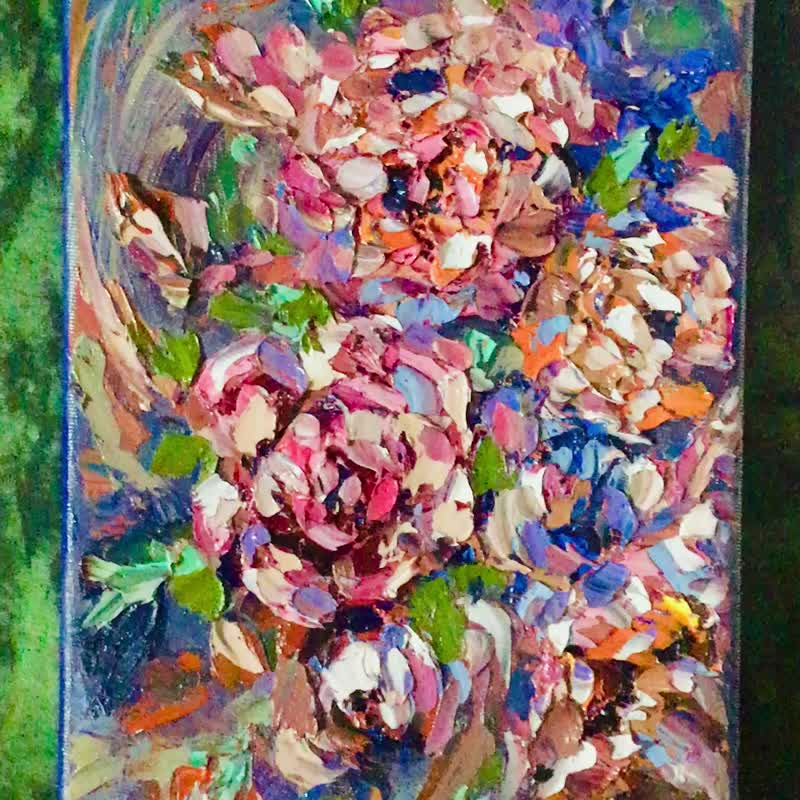 Colorful Flowers Impasto Painting – Original Textured Floral Artwork on 3D Canva - 壁貼/牆壁裝飾 - 其他材質 藍色