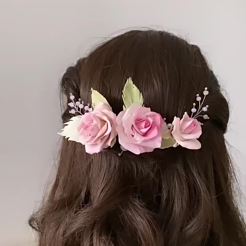 Comb pink rose ,hair comb flower,bridal hair comb,wedding headpiece,wedding hair - 髮圈/髮夾 - 陶 粉紅色