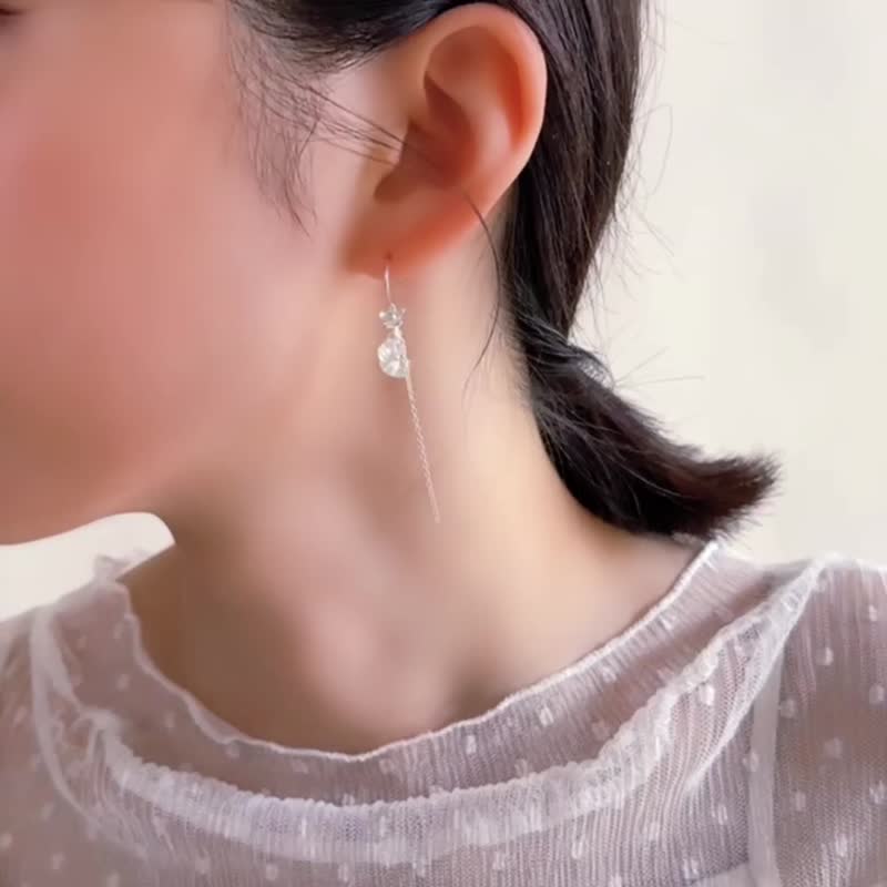 月白系 | 花霞 - 純銀 透明 水晶 礦石 輕珠寶 花 耳環 - 耳環/耳夾/耳骨夾 - 純銀 粉紅色
