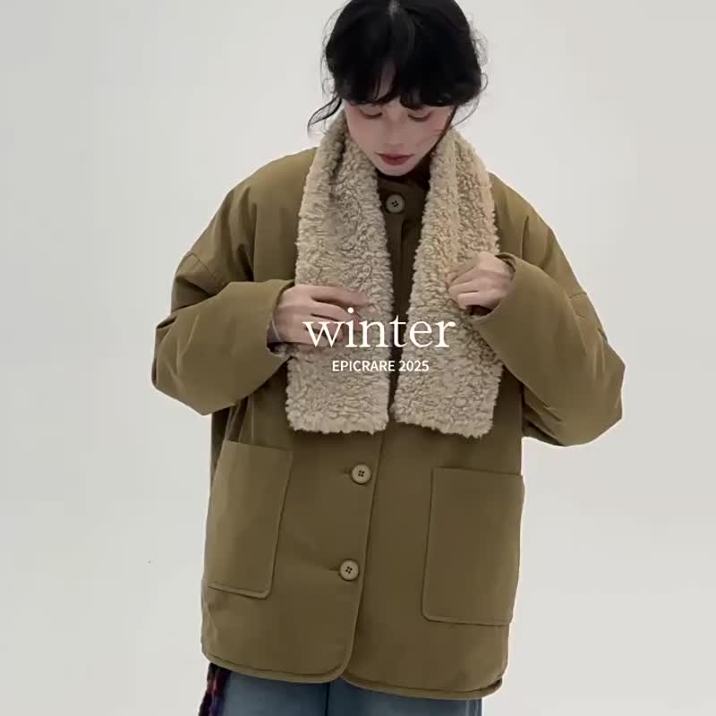 3色 禾木冬季 兩面穿圍巾搖粒絨外套 復古文藝舒適秋冬上衣 - 女大衣/外套 - 棉．麻 卡其色