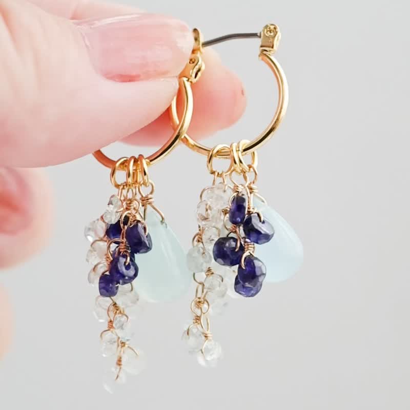 Aquamarine Sapphire Pierced Clip-On Pierced Earrings Charms Hoop Earrings Hoop Clip-On - ต่างหู - หิน สีน้ำเงิน