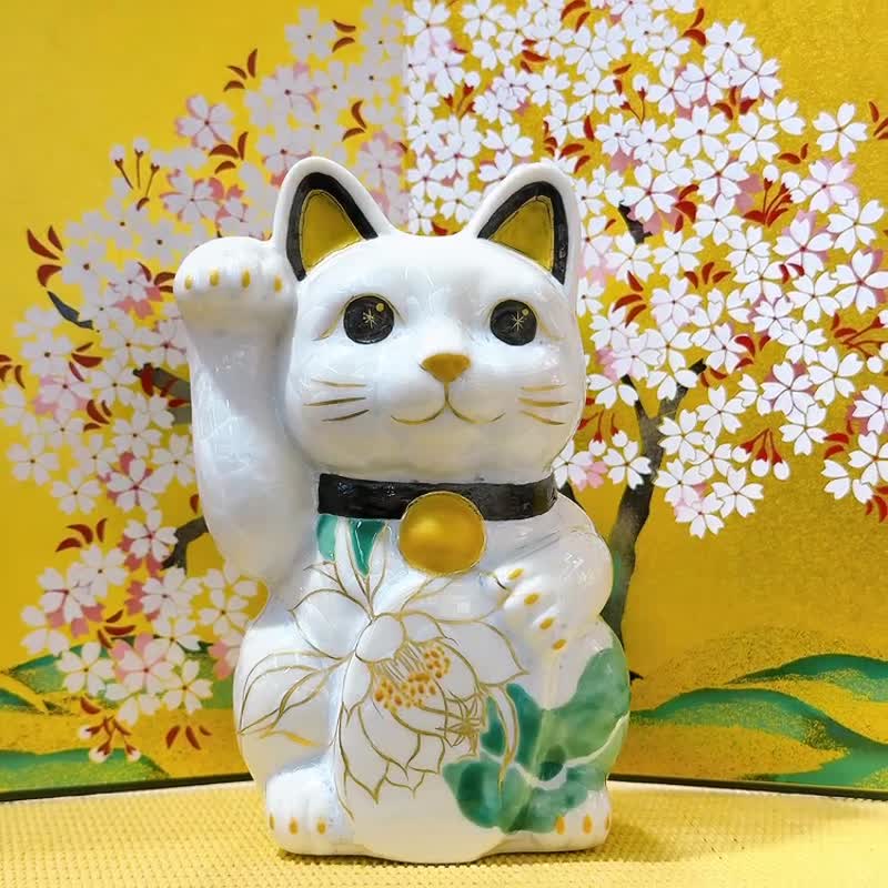 【瑞花聚寶】日本清水燒招財貓 | 花結晶 白 - 千万両 体花 右 - 擺飾/家飾品 - 瓷 白色