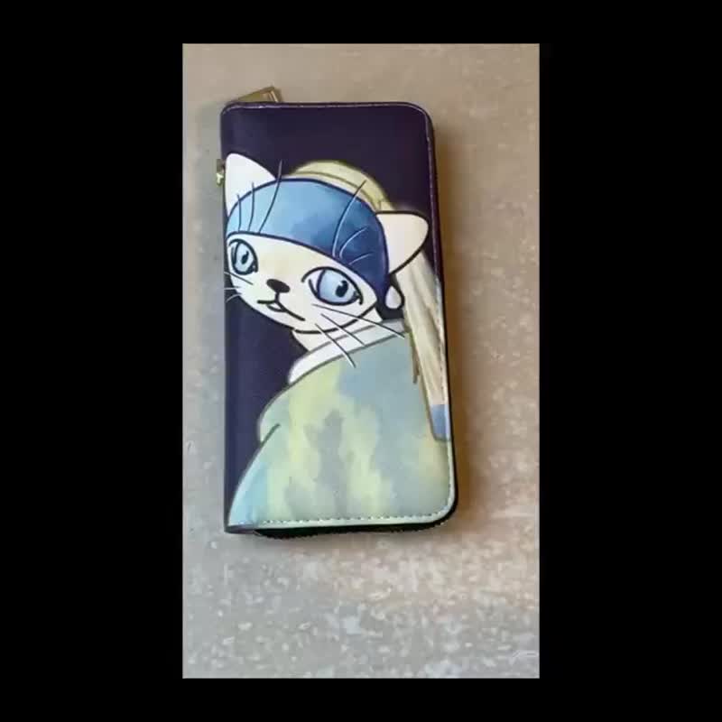 cat wallet Scream girl with a pearl earring cat custom made - กระเป๋าสตางค์ - วัสดุกันนำ้ 