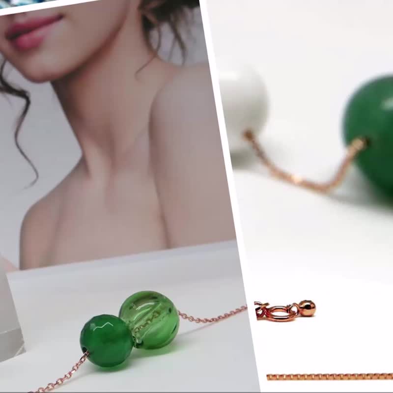 Green Onyx August Rose Gold S925 Diffuser Necklace Bracelet Combo - สร้อยคอ - เงินแท้ สีเขียว