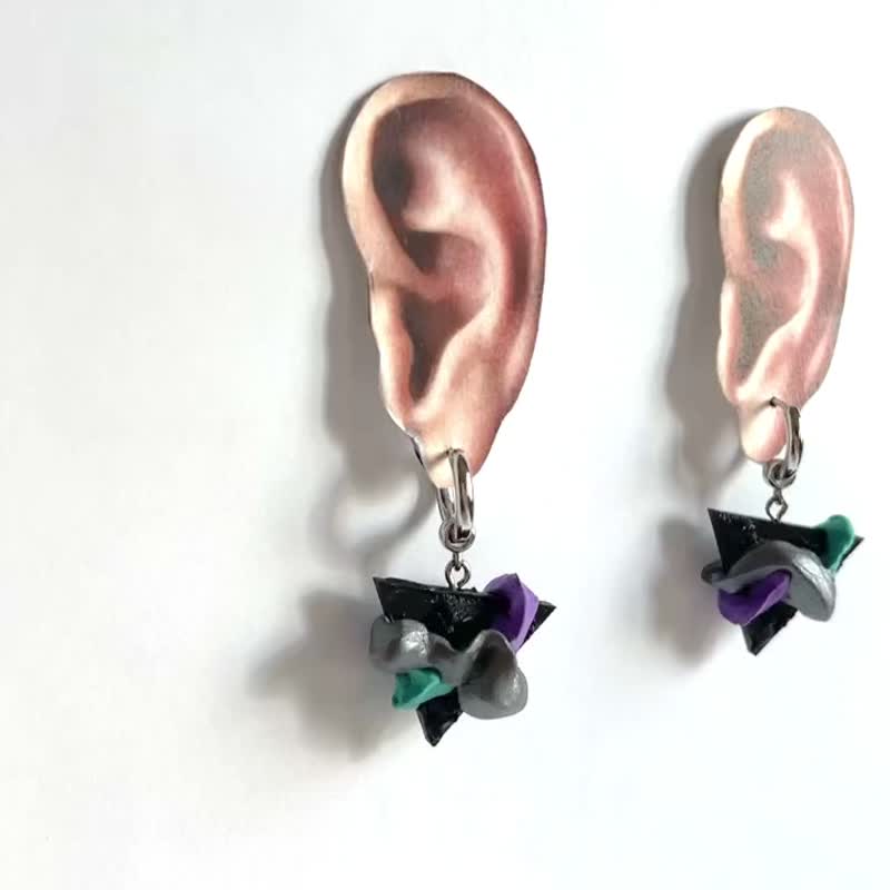 Earrings 74 | Calcifer's Heart | Heart | Acrylic Soft Earth Earrings - ต่างหู - ดินเหนียว สีดำ