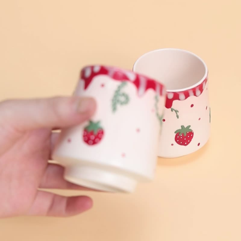 Coquette Pink Strawberry Cute Cup Ceramic Handmade Fruit Coffee Cup Espresso Cup - 其他杯子 - 陶 粉紅色