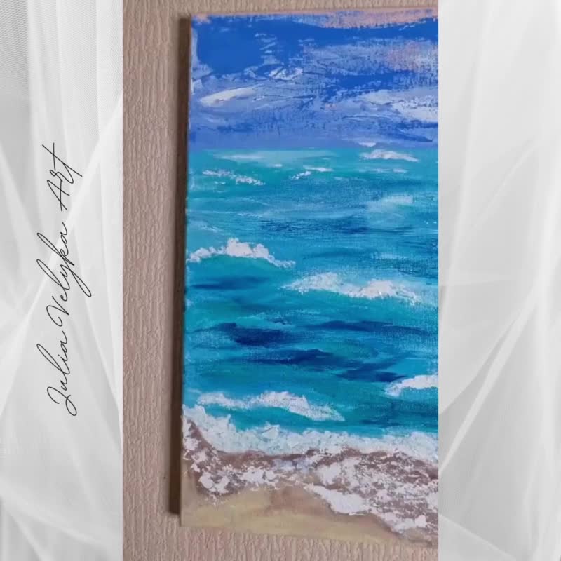 Ocean Painting Seascape Original Acrylic Artwork Beach Sand Abstract 40x40 cm - วาดภาพ/ศิลปะการเขียน - วัสดุอื่นๆ สีน้ำเงิน