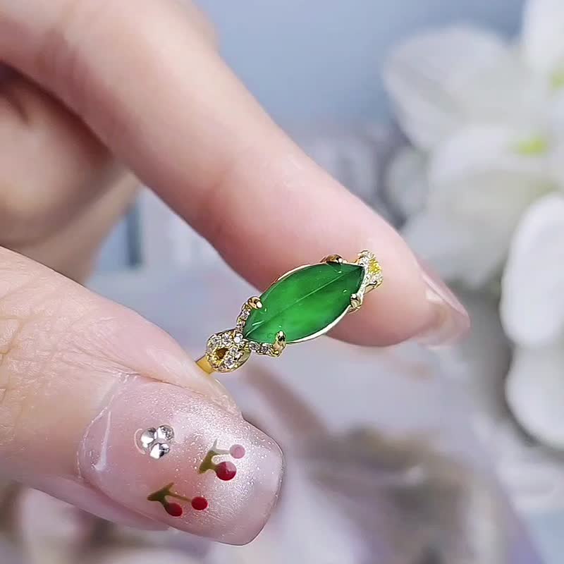 Yuanyuan Wealth | Ice Glass Green Horse Eyes | Grade A Jadeite Sterling Silver Plated 18k Yellow Ring - แหวนทั่วไป - หยก 