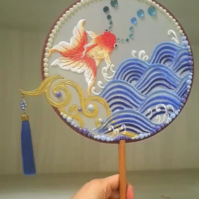 Japanese Ukiyo-e style ~ [Wave Goldfish] Imitation Embroidery Palace Fan ~ Double-sided symmetry - พัด - งานปัก หลากหลายสี