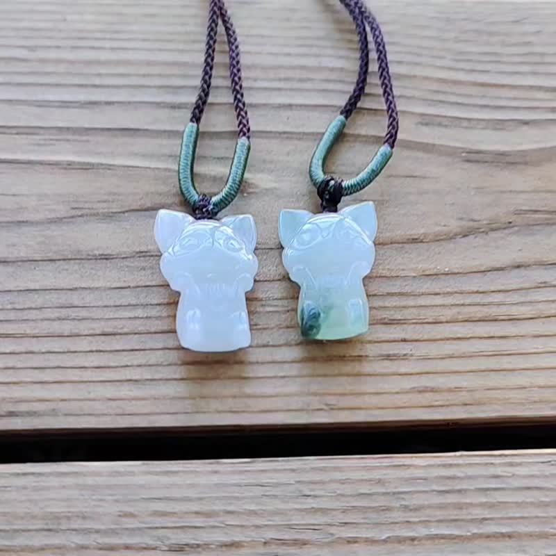 Pro-Cui Natural Jadeite White Ice and Floating Flowers Pretty and Cute Cat Adjustable Rope Chain - Necklaces - Jade Multicolor