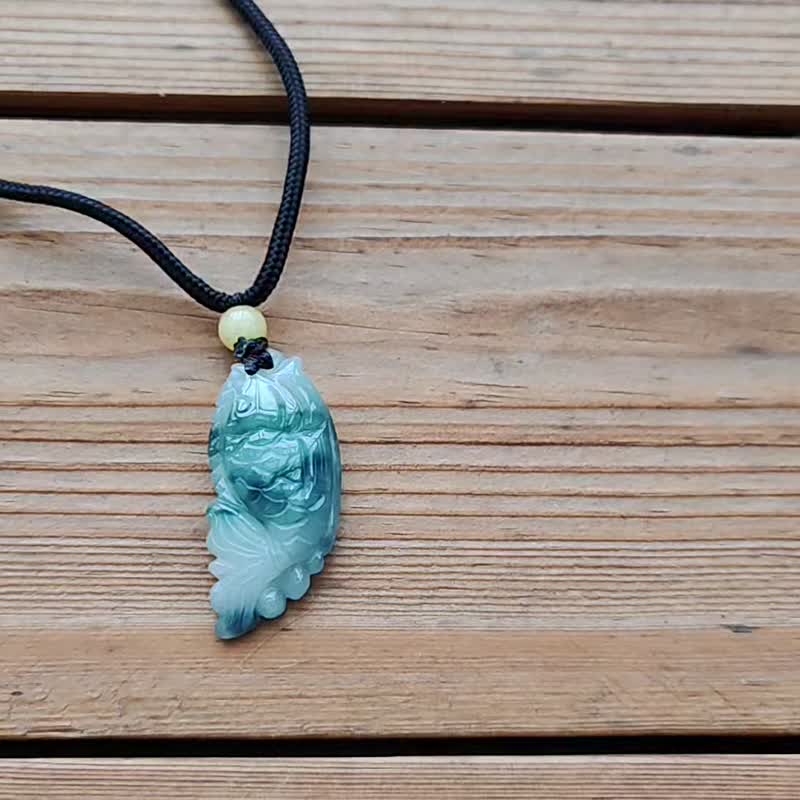 [Pro-Green] Natural Jadeite - Icy Blue-Green Streaked Floating Flowers Koi Jumping Over Dragon Gate Adjustable Cord Necklace - สร้อยคอ - หยก หลากหลายสี