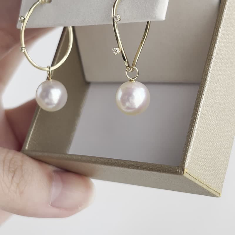 8-8.5mm akoya pearl hoop earrings, 18K solid yellow gold, diamonds - Earrings & Clip-ons - Pearl White