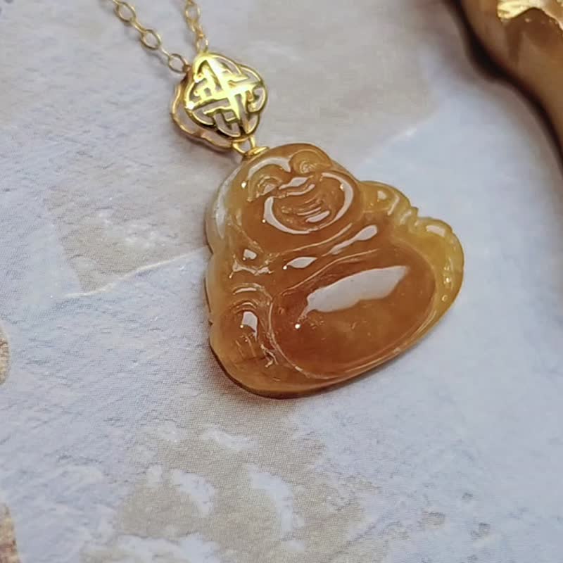 招財•樂活|純18k金無燒冰蜂蜜黃翡佛公|緬甸A貨翡翠吊墜項鍊 - 項鍊 - 玉石 
