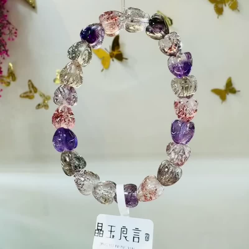 精品愛心花珠透體多礦彩超七9.5mm24.78g彼岸花紫超三輪骨幹水晶 - 手鍊/手環 - 水晶 多色