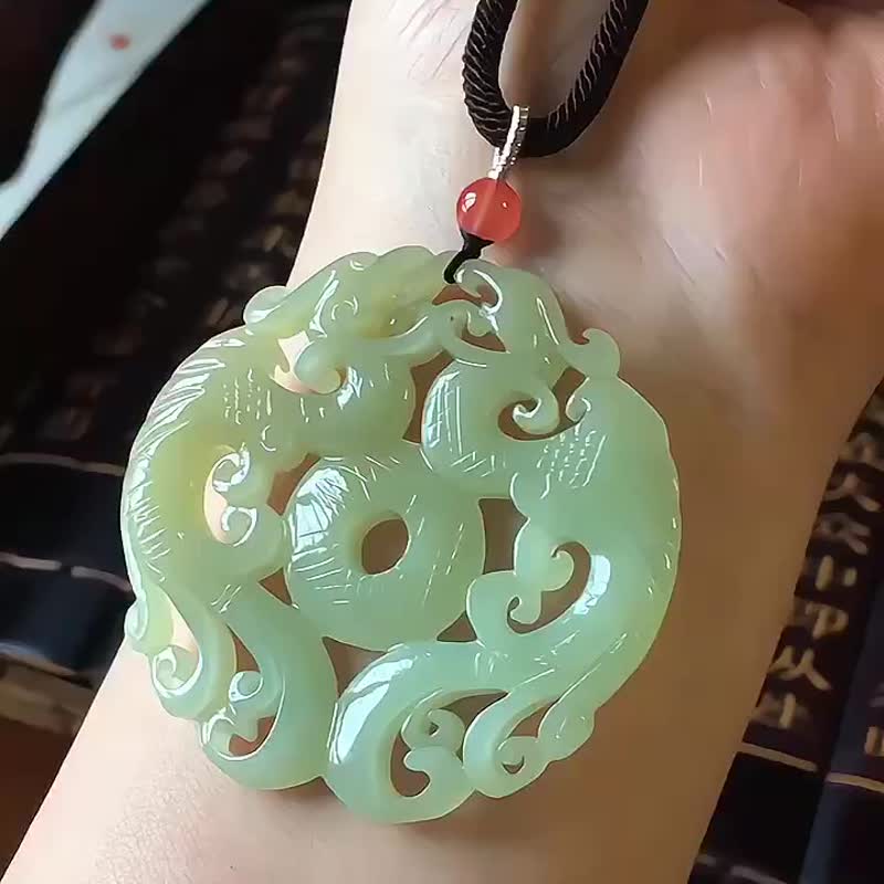 和田玉 精緻 吊墜 精雕復古龍鳳牌 寓意龍鳳祥和 幸福美滿 - 吊飾/掛飾 - 水晶 