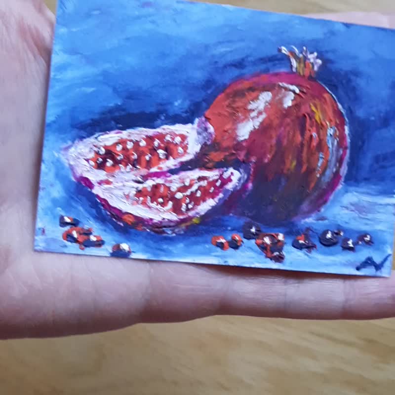 ザクロのオリジナルオイルペインティング ACEO、インパスト技法の静物画 - ウォールデコ・壁紙 - 紙 